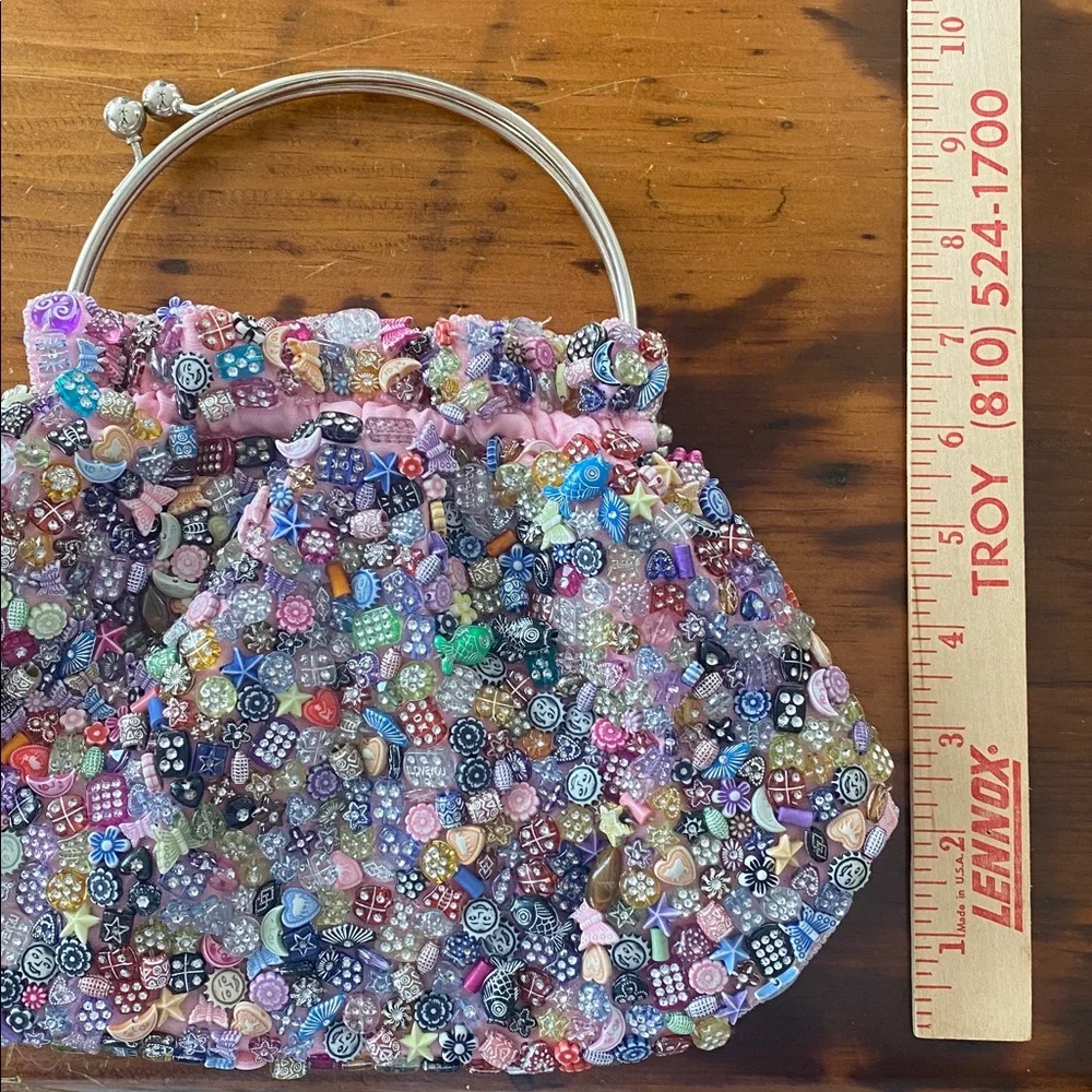 Vintage La Viola fun beaded crossbody handbag kiss closure pink sateen quirky - Picture 7 of 13